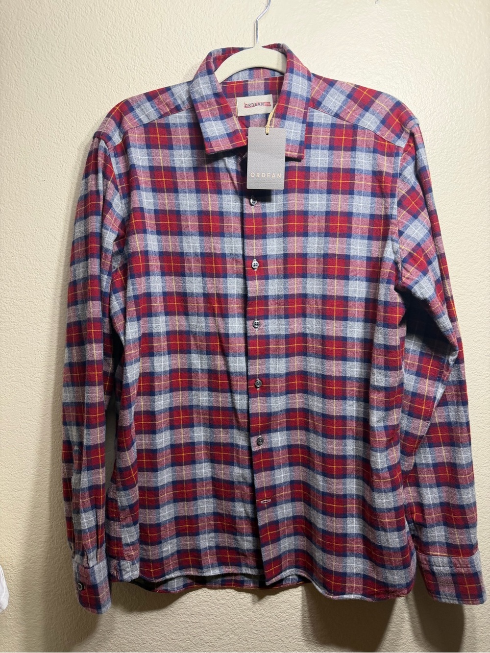 NWT ORDEAN Men’s Flannel Plaid Button Down Shirt Size L Red Fall Workwear Casual